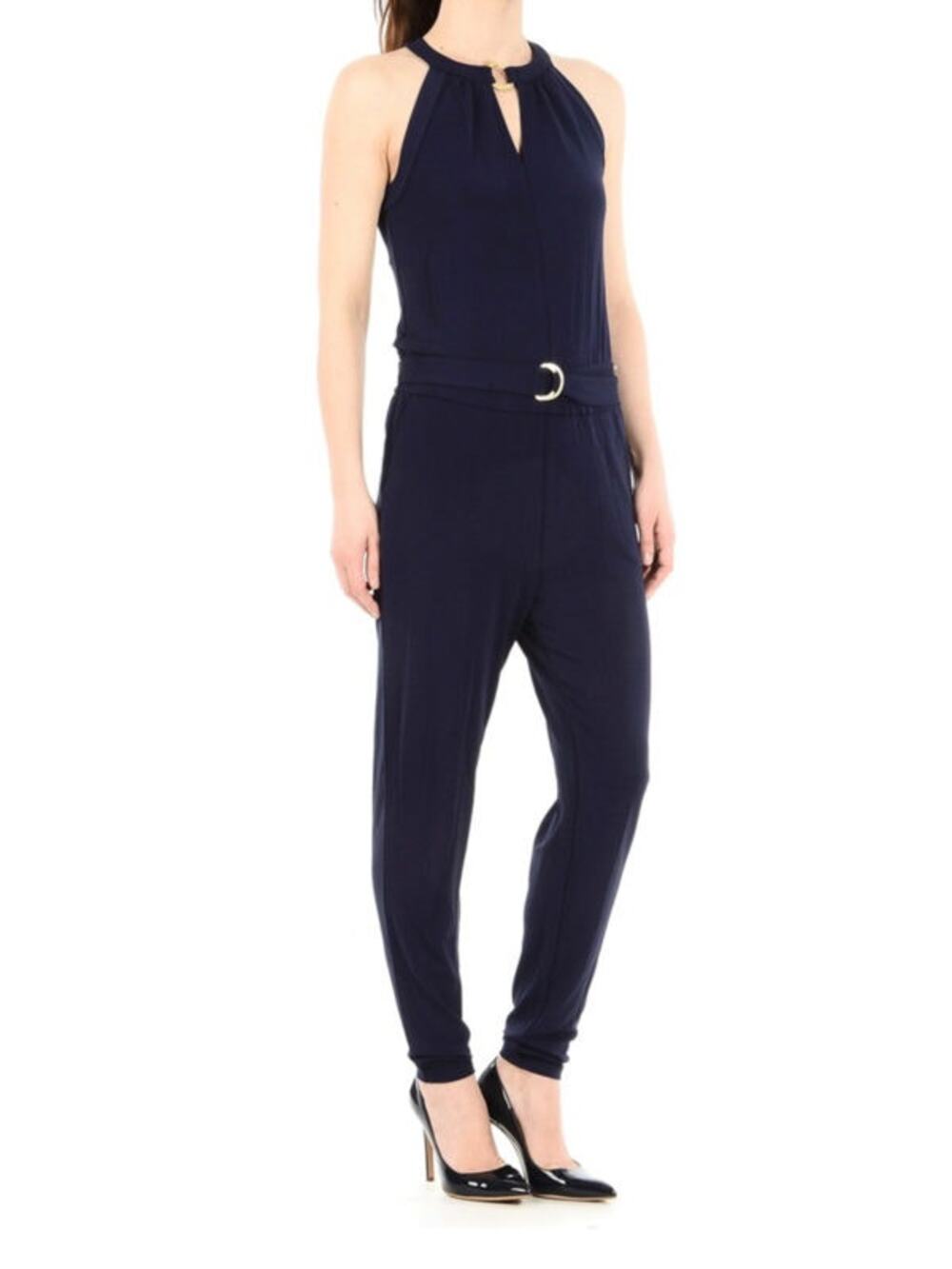 Michael Kors Navy Blue Halter Gold Ring Belted Sleeveless Jumpsuit